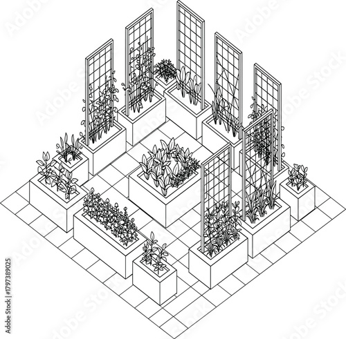 Isometric Raised Garden Beds and Trellis Planters Line Art Vector Illustration - Modern Outdoor Gardening Outline