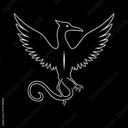 Mythical bird phoenix dragon outline on black background