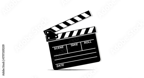 A black clapperboard angled shows Scene Take Roll  Date fields Top stick is up with striped design