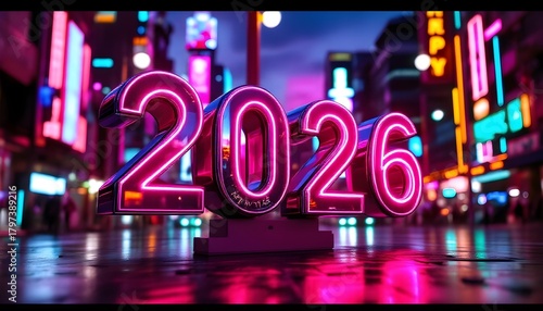 A maximalist, hyper-detailed retro-futuristic Happy New Year 2026 banner