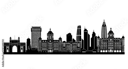 A black silhouette of a city skyline with various buildings and structures