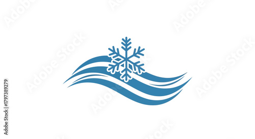 A blue snowflake sits atop stylized wavy horizontal blue lines against a white backdrop