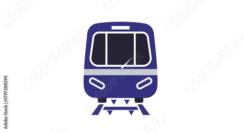 A blue train illustration with a gray stripe across its front and tracks below it