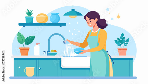 A woman with dark hair in a ponytail and a light blue apron washing a bowl in a kitchen sink.