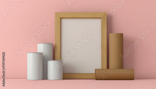 Wallpaper Mural Blank wooden picture frame and stacked books on a pink background with cylindrical objects Torontodigital.ca