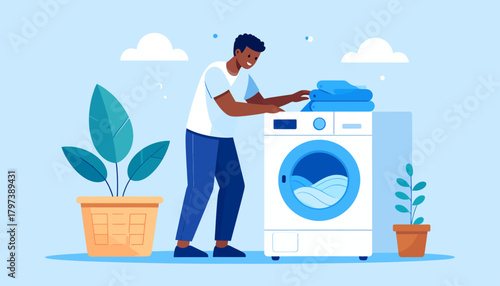 Cartoon Man Folding Clean Laundry Next to a Modern Washing Machine.