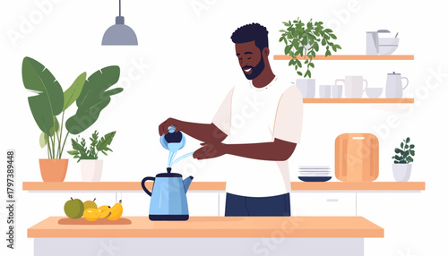 African-American Man Pouring Water into a Blue Kettle in Kitchen Setting.