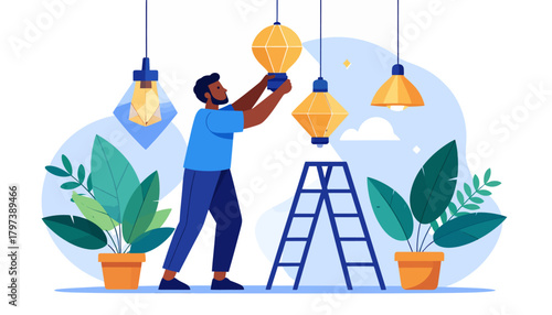 Cartoon Man Installing Yellow Lanterns on a Ladder with Plants Illustration.