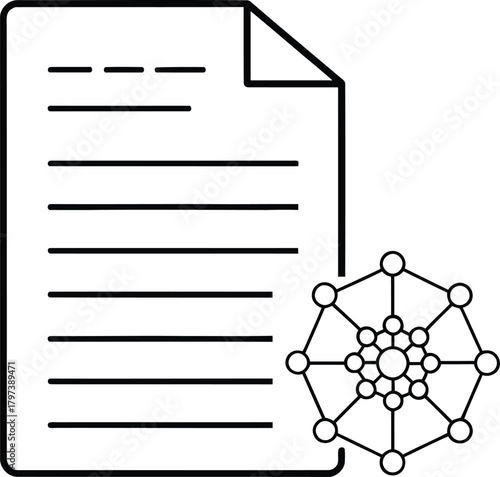 Document with text lines and a folded corner beside a circular network of interconnected nodes