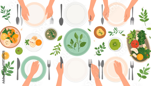 Colorful and Healthy Vegetarian Meal Table Setting with Various Dishes and Plates.