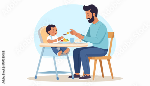 Father Feeding Adorable Baby in High Chair with Spoon, Smiling and Happy.