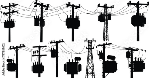 Silhouette vector illustration of electrical utility poles, transformers, and transmission towers—power grid infrastructure layout for energy distribution and engineering reference