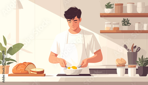 Man in white shirt and apron cooking eggs in a bright kitchen, focused and calm.