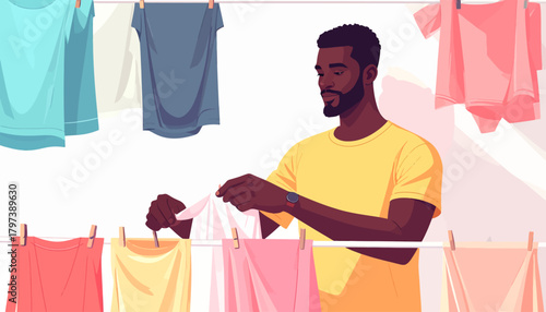Man hanging laundry on a clothesline, domestic chore.