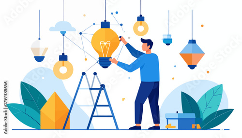 Man on ladder installing a large glowing yellow light bulb, surrounded by diverse hanging lamps and tools.