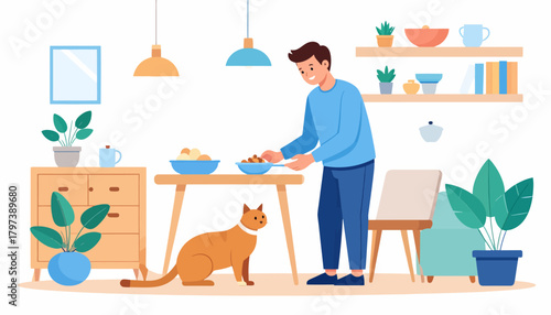 Man serving food bowls on wooden table, ginger cat patiently watching, modern flat illustration.