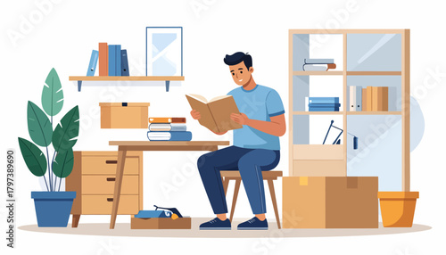 Man Sitting on Stool Reading Book at Desk with Plants and Boxes.