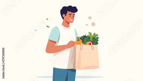 Smiling man holding a paper bag full of fresh vegetables and an orange.
