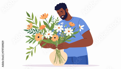 Smiling Black Man Arranging Colorful Flowers in a Vase with Care.