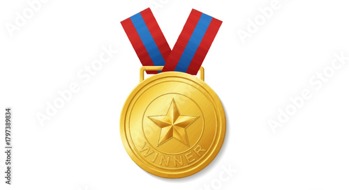A gold winners medal with a star and ribbon