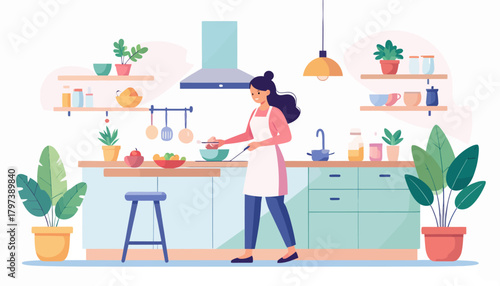 Woman in Apron Cooking in a Modern, Well-Equipped Kitchen.