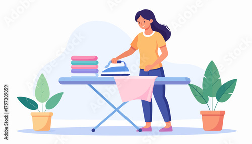 Woman ironing clothes on a board with plants on the side.