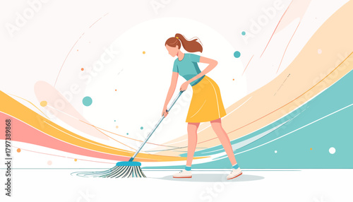 Woman with Ponytail Sweeping Floor with Broom, Wearing Skirt and T-Shirt, Cleaning.