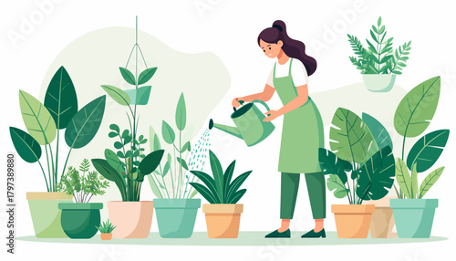 Woman watering plants with a green watering can in a garden setting.