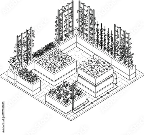 Isometric Raised Garden Beds and Vertical Trellis System Line Art Vector Illustration - Modern Home Farming Outline