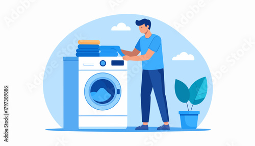 Young man folding clean laundry next to a white washing machine, depicted in a modern flat illustration.