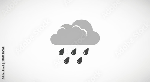 A grey cloud with 5 raindrops falling from it centered on a white background