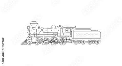 A line drawing depicts an oldfashioned steam engine with its tender car