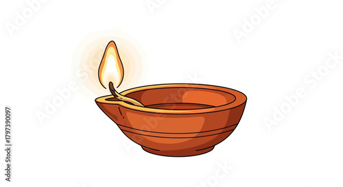 A lit diya with orangebrown bowllike base filled with liquid holding a wick surrounded by a light glow