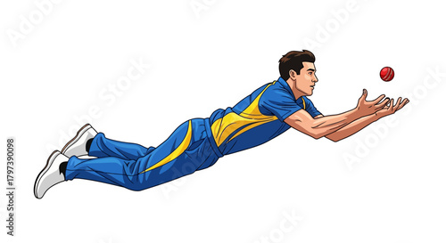 A man in blue and yellow diving toward a red ball with his arms outstretched