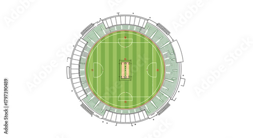 Aerial view of a cricket stadium showing the field and surrounding seating structure