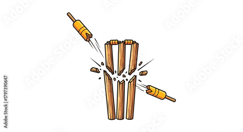 Cartoon cricket stumps shattered bails flying showing impact