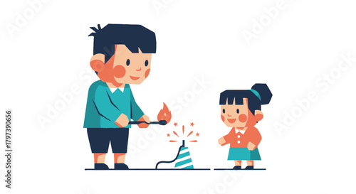 Father and daughter lighting a firecracker for celebration.