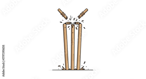 Cartoon cricket stumps shattered with bails midair splinters visible