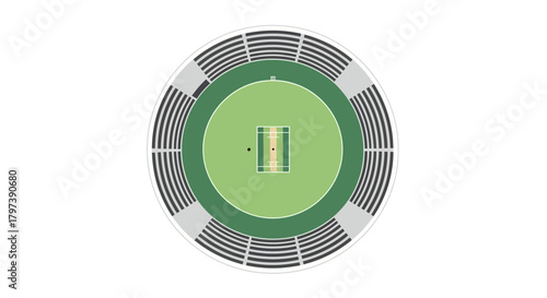Circular cricket ground with green field pitch and spectator seating viewed from above