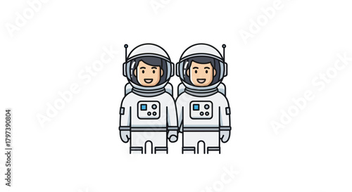 Two cartoon astronauts in white suits with helmets and antennas.
