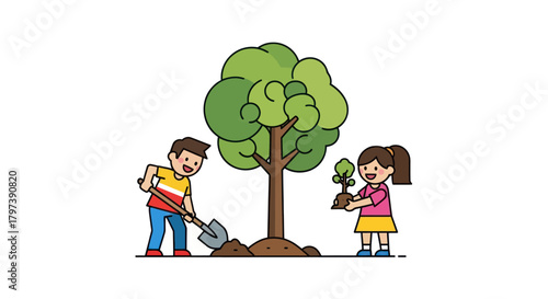 Children planting a large tree together in a garden.