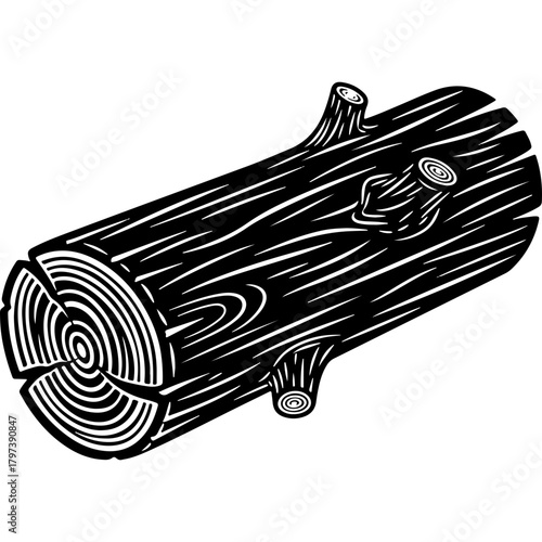 Rustic Woodcut Style Vector Illustration of a Firewood Log with Tree Rings, Ideal for Christmas and Winter Designs