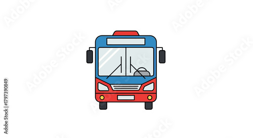 Frontview cartoon bus red blue white with mirrors headlights grill and windshield wipers