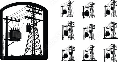 Silhouette vector illustration of electrical transformers, utility poles, and transmission towers—energy grid infrastructure layout for power distribution and engineering reference