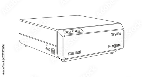 Illustration of a white rectangular EVM device featuring ports buttons and branding