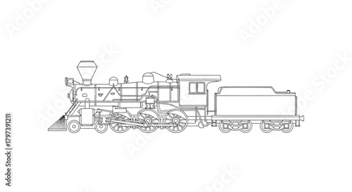 Line art depicts a steam train with a coal tender showcasing its intricate mechanical design and classic locomotive features