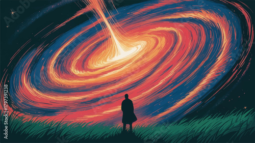 Silhouetted figure gazing at swirling spiral galaxy in night sky over grassy field digital artwork.
