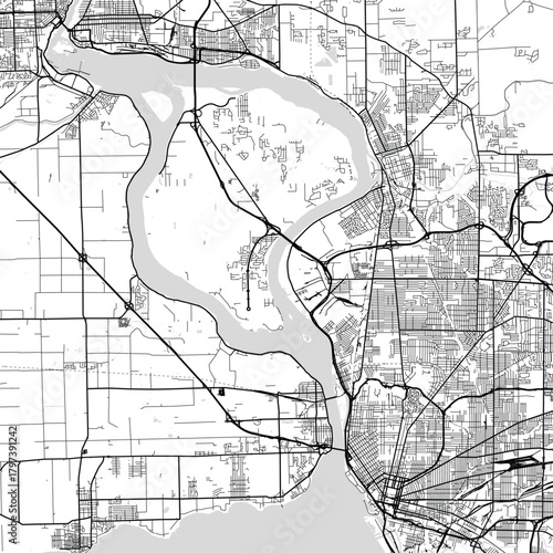 Buffalo, Niagara City Map a subtle clean plan emerges from precise white linework on a dark background presenting an elegant and structured urban layout, emphasizing refined linework.