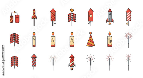 Line art displays various fireworks candles and party hat arranged against a blank white backdrop