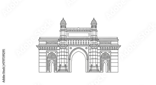 Line art depicts Mumbais Gateway of India showing its arch towers and stonework details
